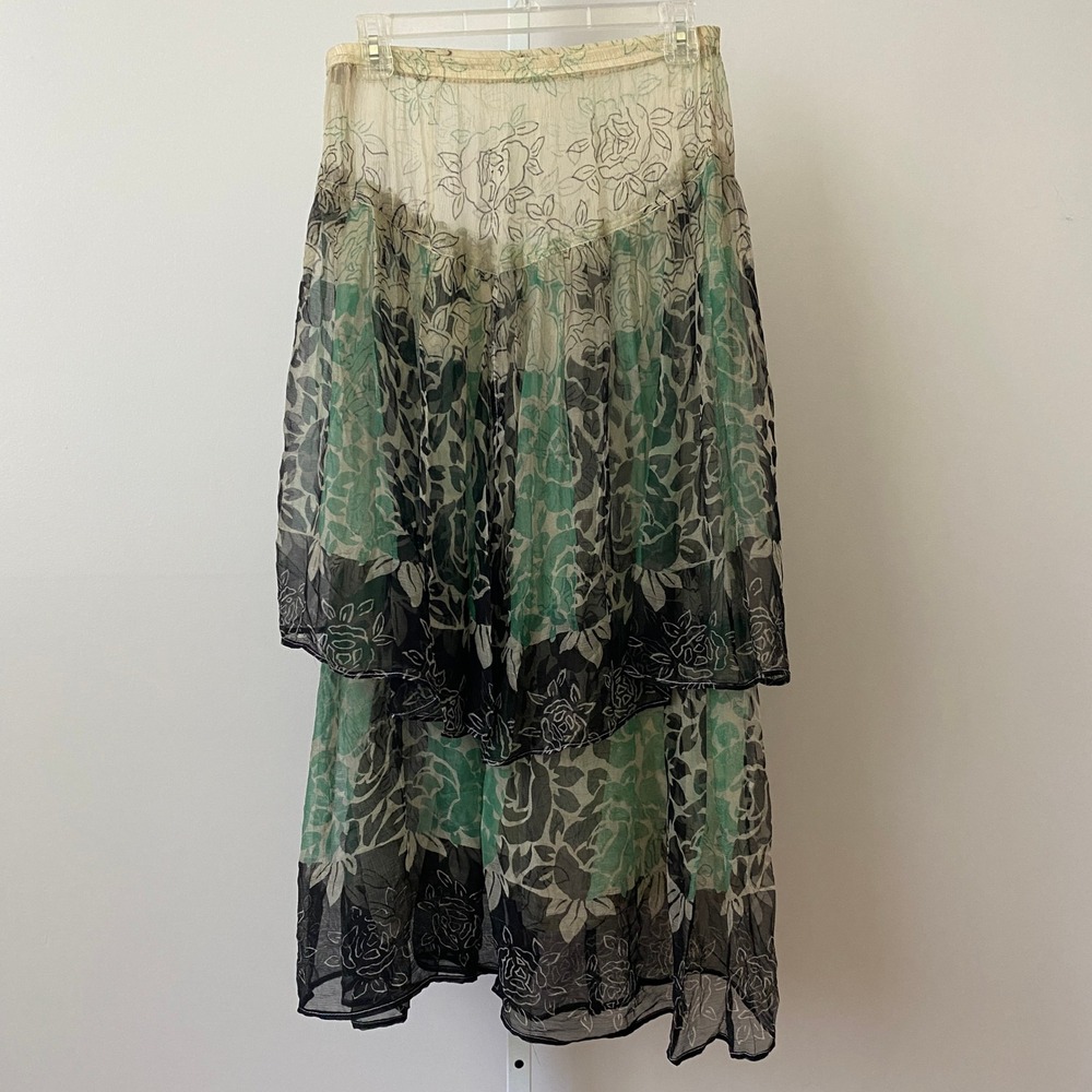 Unbranded Silk Boho Fairy Lagenlook Floral Tiered Sheer Midi Skirt Green Black
